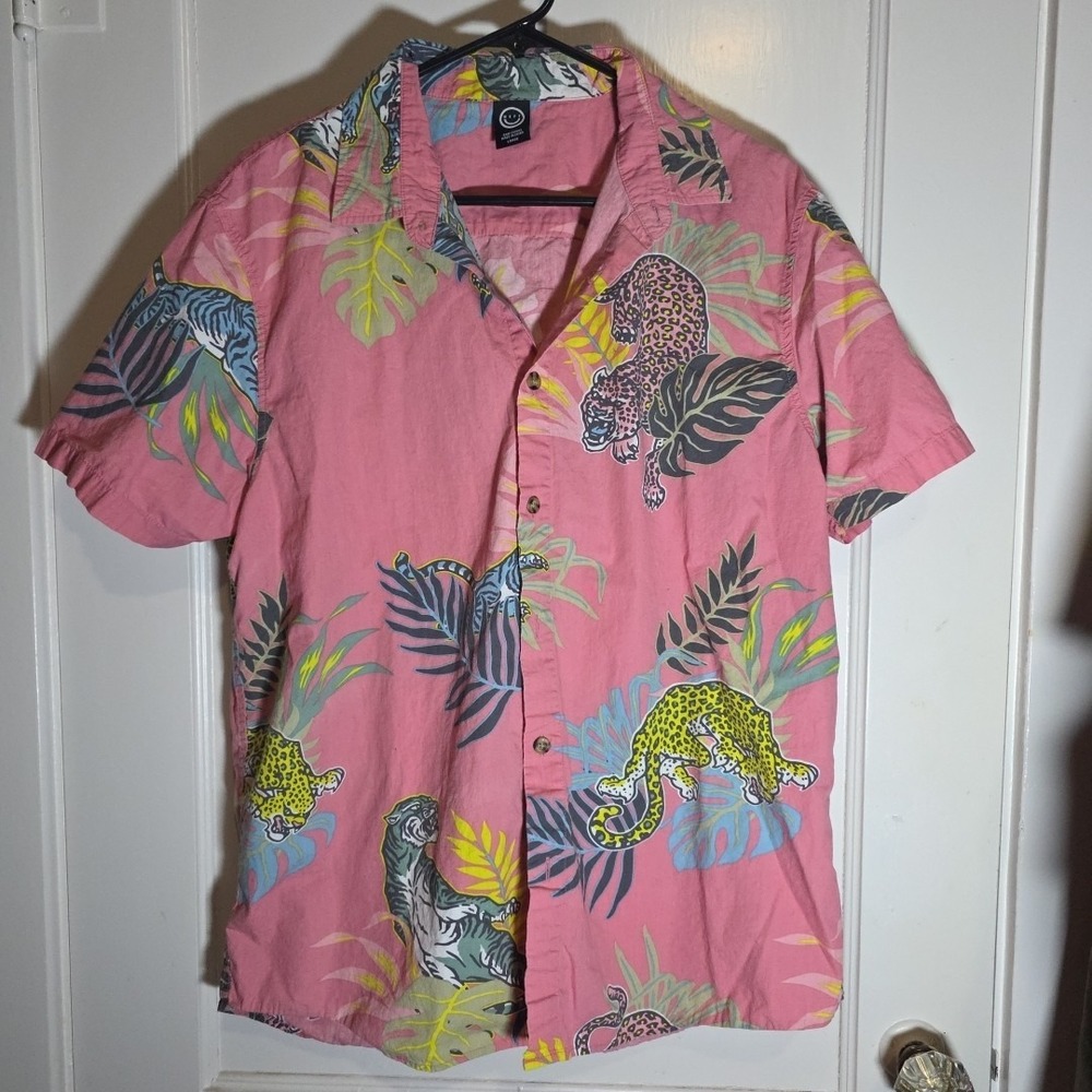 Neff Men's Button Down Shirt Short Sleeve Tropical Cougar Large‎